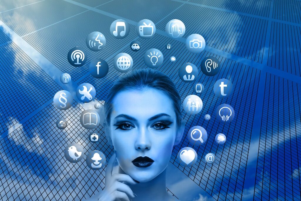 woman, face, social media, thoughts, head, applications, apps, social media applications, icons, circle, tree, networks, internet, nature, social, social network, facebook, google, social networking, networking, multimedia, blue